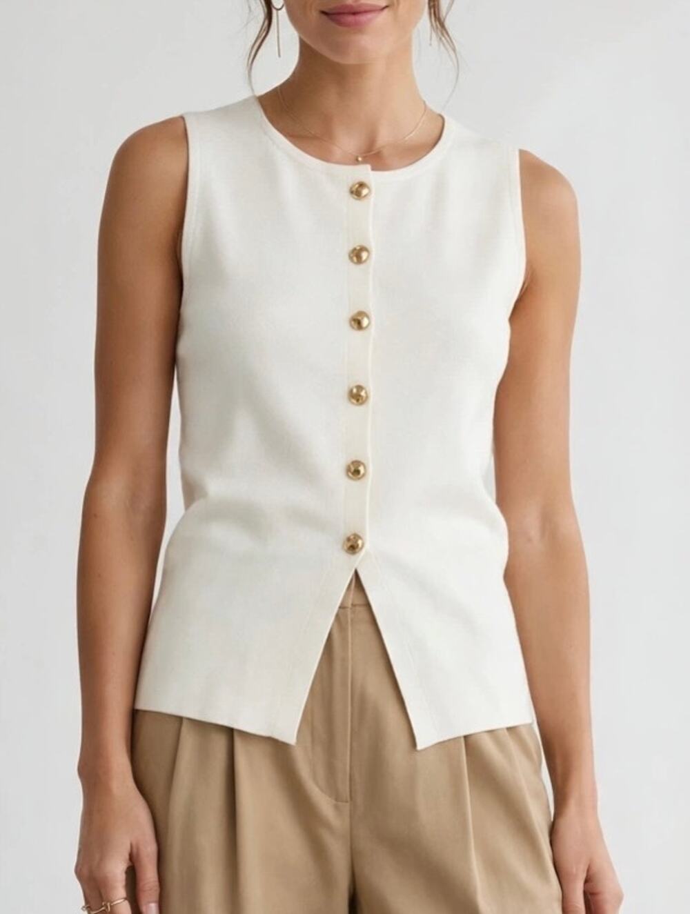 Montgomery Post Cleo Gold Button Vest White 1X Stitch Fix Knit Tank Sleeveless